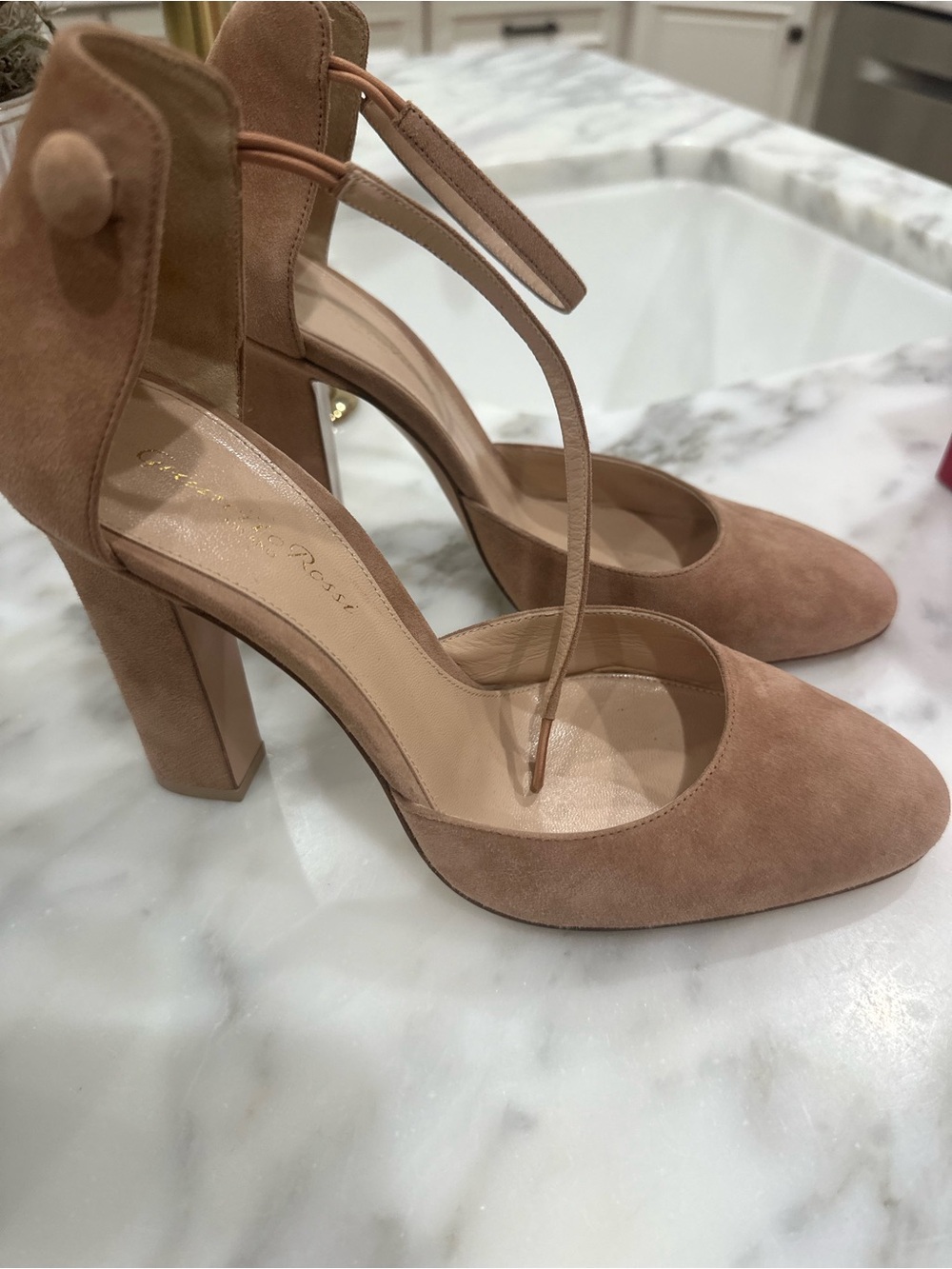 Gianvito Rossi Rose Tan Suede T-Strap Block Heel Pumps